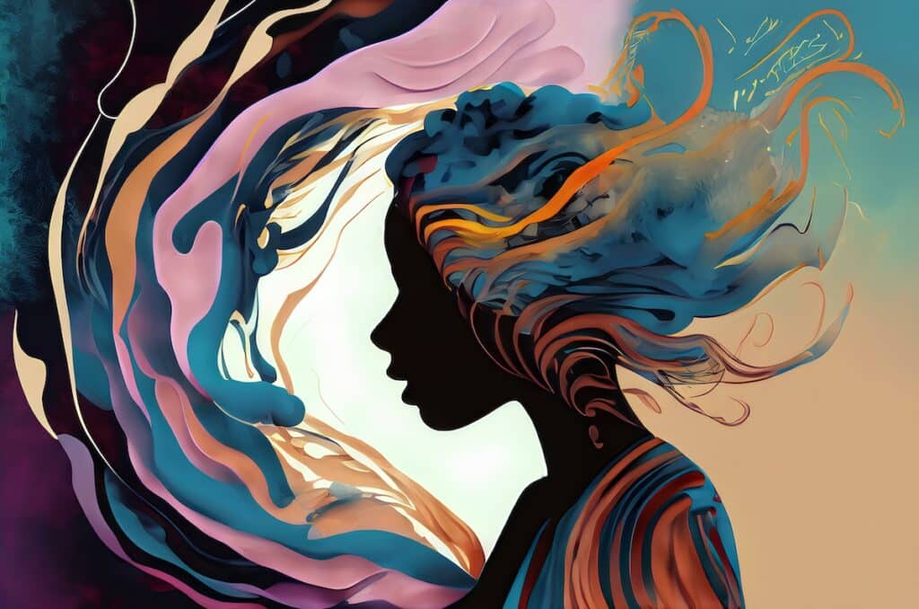 Female side profile with a colorful storm inside her head - symbolizing inner conflict and human emotion