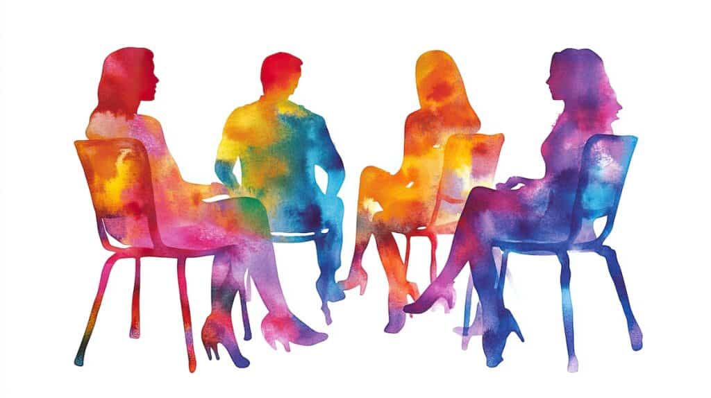 A heartfelt and thoughtful watercolor illustration of a group therapy session, capturing the fundamental aspects of mental health and human experiences