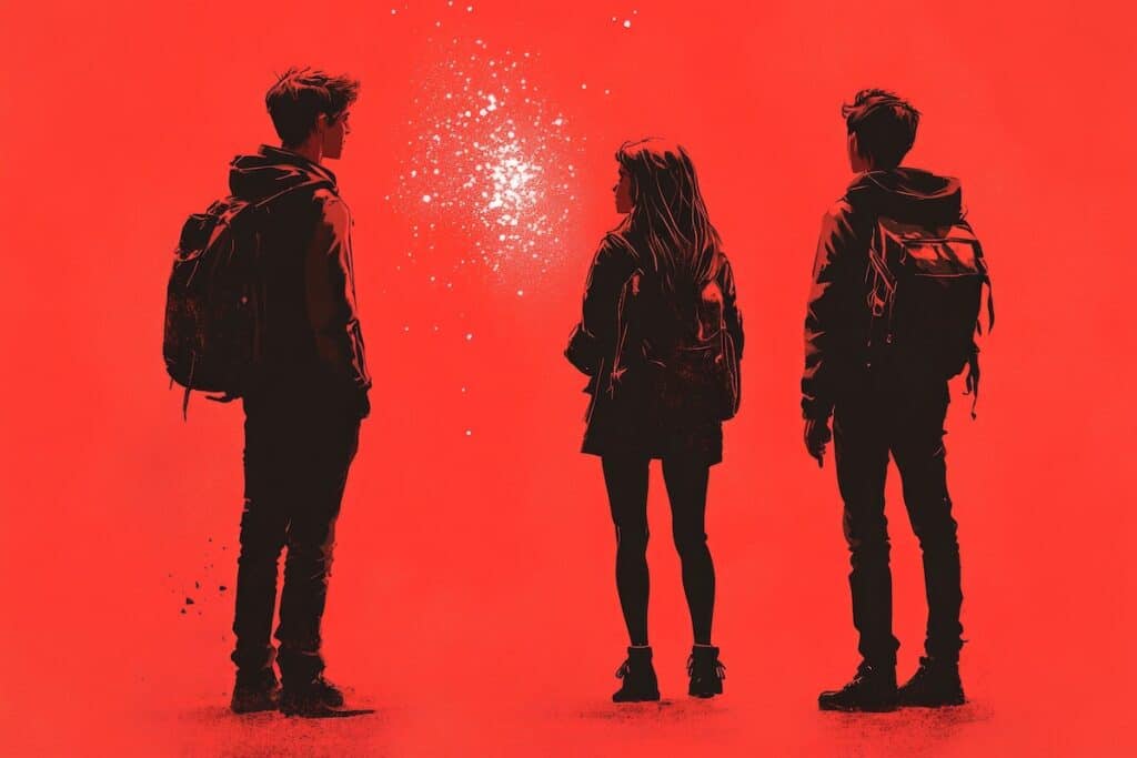 Three teens standing with backpacks on red background facing bright light
