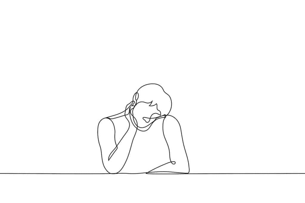 person sitting at table in deep thought - one line drawing