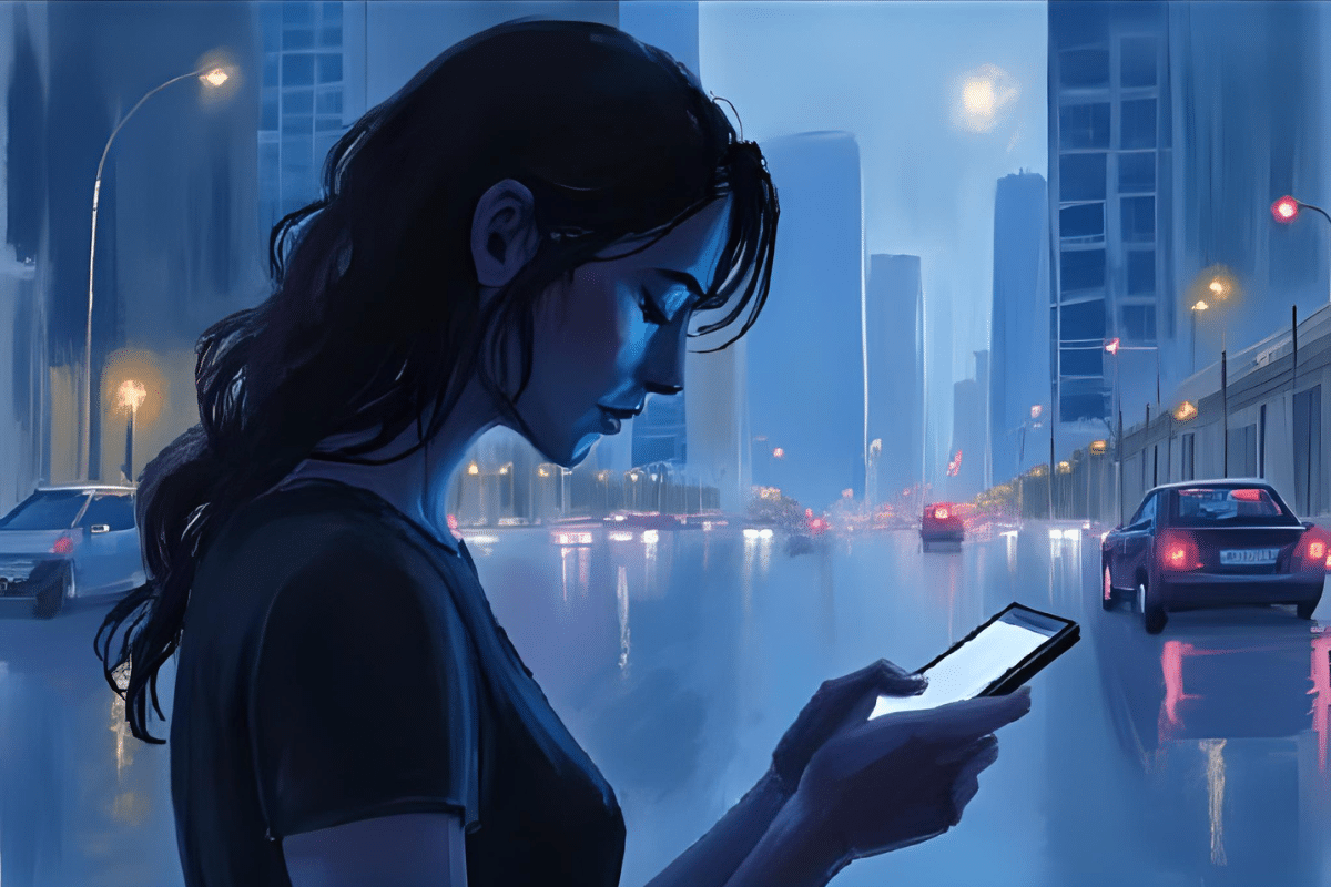 Aster Springs - Body Dysmorphia Social Media Featured Image - Oil painting of girl checking her phone on city street