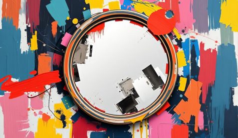 Mirror integrated into an abstract expressionist artwork, with bold brushstrokes and vibrant colors surrounding it