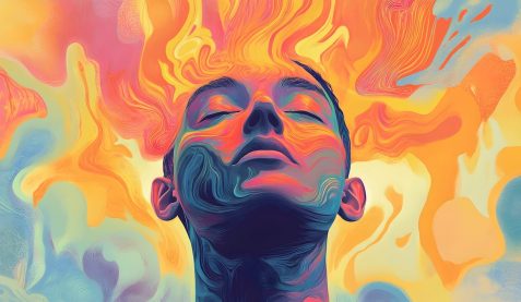 abstract illustration of a flaming head person with colorful painted face abstract illustration of a flaming head person with colorful painted face