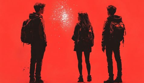 Three teens standing with backpacks on red background facing bright light Three teens standing with backpacks on red background facing bright light