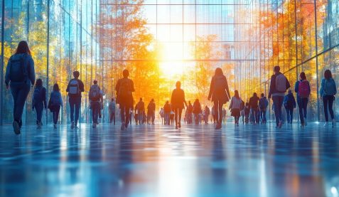 Students Walking in a Busy College Hallway with Natural Light and Abstract Blur Effect