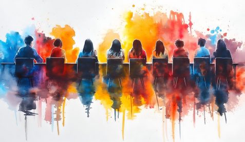 Watercolor of people sitting in a row Watercolor of people sitting in a row