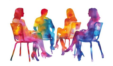 A heartfelt and thoughtful watercolor illustration of a group therapy session, capturing the fundamental aspects of mental health and human experiences
