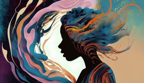 Female side profile with a colorful storm inside her head – symbolizing inner conflict and human emotion Female side profile with a colorful storm inside her head - symbolizing inner conflict and human emotion