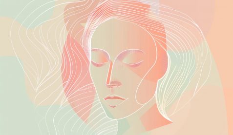Abstract Line Art Portrait of Woman in Pastel Colors. Minimalist Female Profile abstract line art of woman experiencing stress