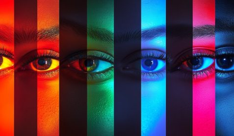 Photo portrait collage of different nationality model eyes and face in bold neon multi color stripe compositions. Generative AI