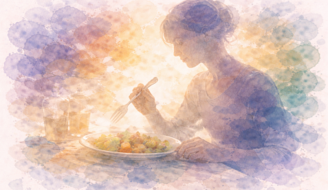 Aster Springs - Blog image - watercolor of person eating a meal in peace