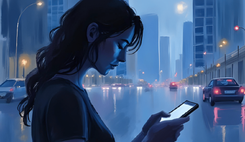 Aster Springs – Body Dysmorphia Social Media Featured Image – Oil painting of girl checking her phone on city street Aster Springs - Body Dysmorphia Social Media Featured Image - Oil painting of girl checking her phone on city street