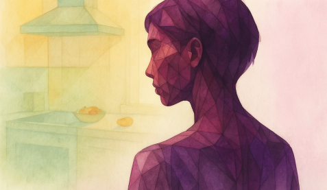 Aster Springs - Featured Image - Orthorexia - geometric watercolor of girl next to kitchen