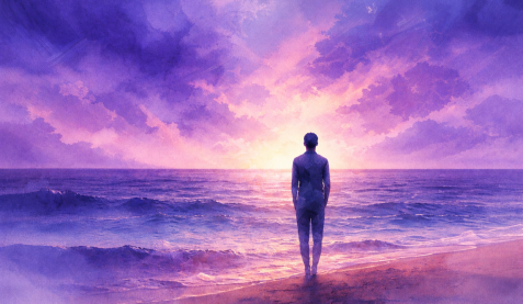 Aster Springs - blog image - watercolor of person standing on a neon purple and pink beach (1)