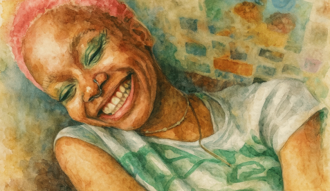 Vibrant Smile and Colorful Expression Zen - Watercolor painting of headshot - Aster Springs testimonial