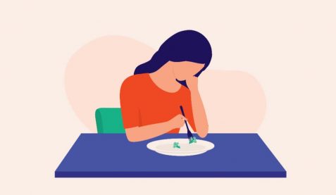 Illustration of woman sitting at table picking at her plate.